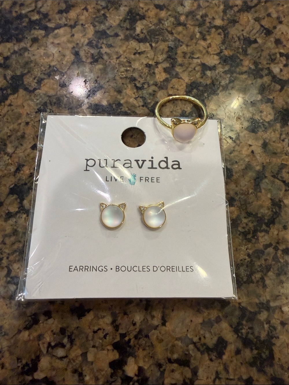 Pura Vida Gold Cat Ear Earrings and Ring with Soft Pink Opalescent Stones